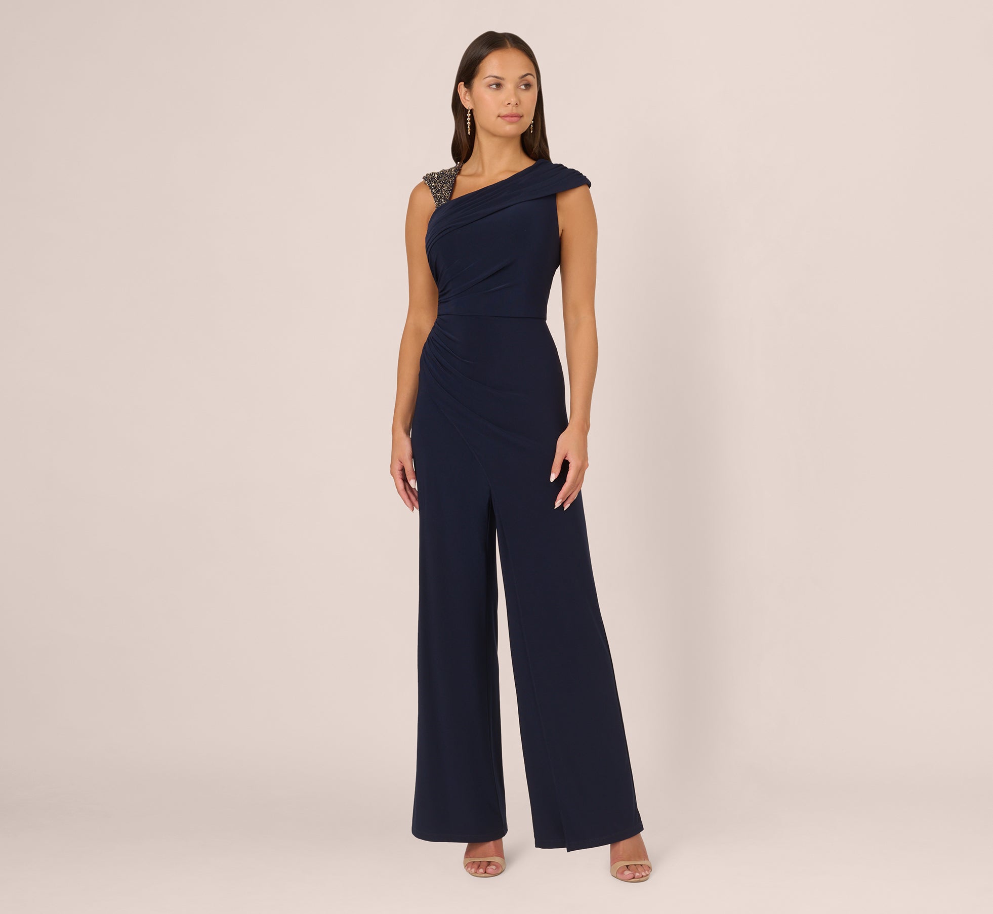 Wide Leg Shirred Jersey Jumpsuit With Beaded Strap In Midnight 1