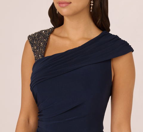 Wide Leg Shirred Jersey Jumpsuit With Beaded Strap In Midnight