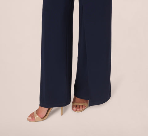 Wide Leg Shirred Jersey Jumpsuit With Beaded Strap In Midnight