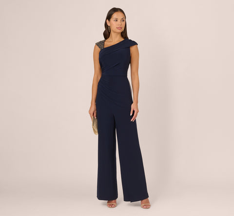 Wide Leg Shirred Jersey Jumpsuit With Beaded Strap In Midnight