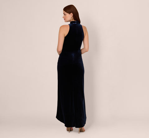 Velvet High Low Halter Gown With Cutout Mock Neck In Midnight