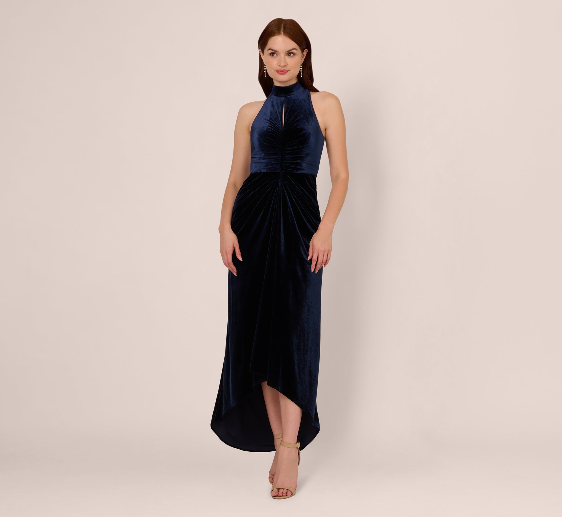 Velvet High Low Halter Gown With Cutout Mock Neck In Midnight 1