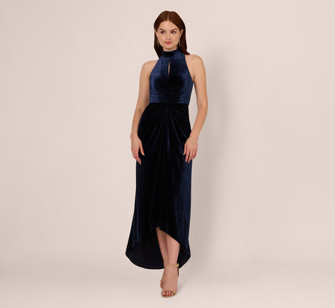 Velvet High Low Halter Gown With Cutout Mock Neck In Midnight Adrianna Papell