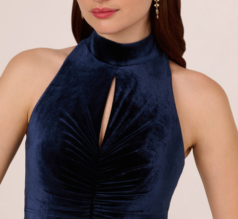 Velvet High Low Halter Gown With Cutout Mock Neck In Midnight Adrianna Papell