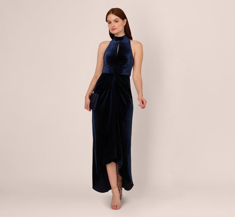 Velvet High Low Halter Gown With Cutout Mock Neck In Midnight