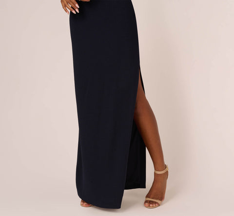 One Shoulder Crepe Gown With Bow Accent In Midnight