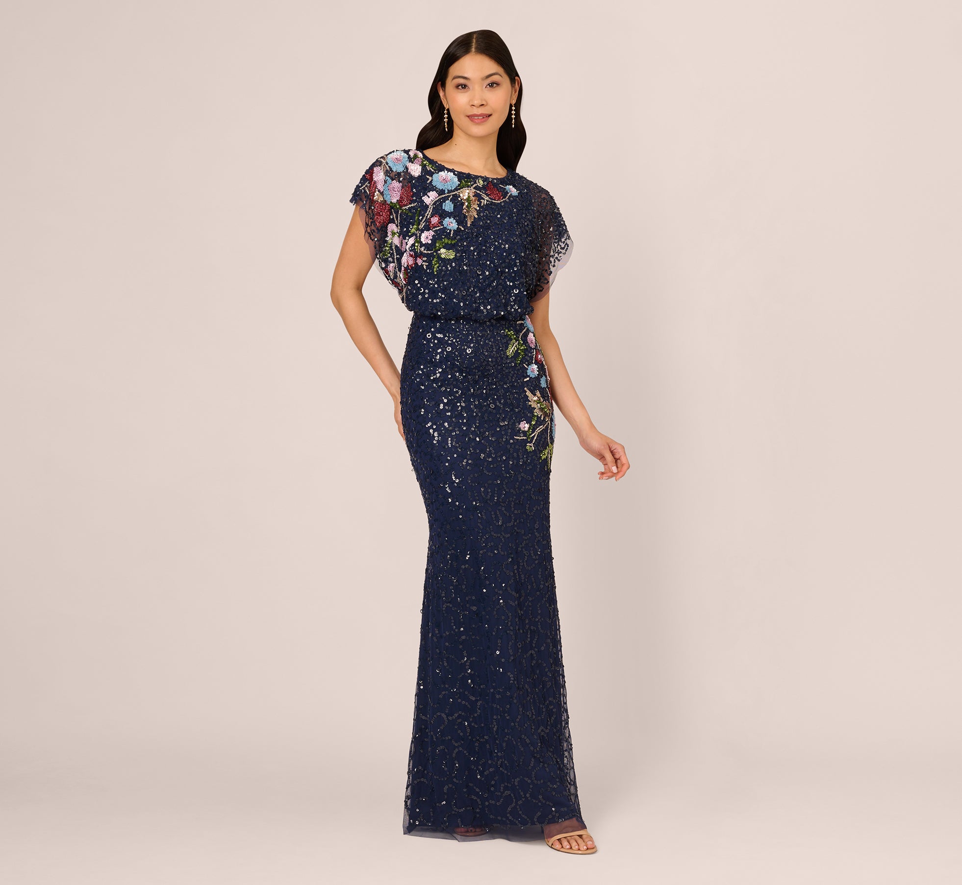 Multicolor Floral Beaded Mermaid Gown With Dolman Sleeves In Midnight Multi 1