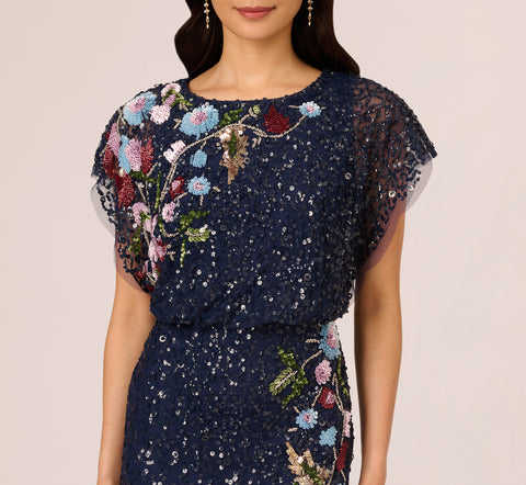 Multicolor Floral Beaded Mermaid Gown With Dolman Sleeves In Midnight Multi