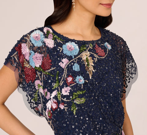 Multicolor Floral Beaded Mermaid Gown With Dolman Sleeves In Midnight Multi