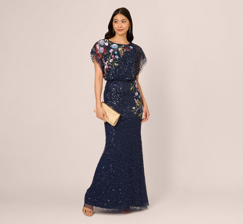 Multicolor Floral Beaded Mermaid Gown With Dolman Sleeves In Midnight Multi