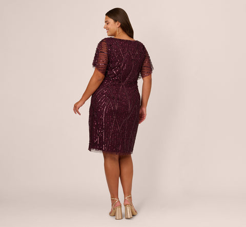 Plus Size Beaded Surplice Midi Dress With Dolman Sleeves In Deep Amethyst