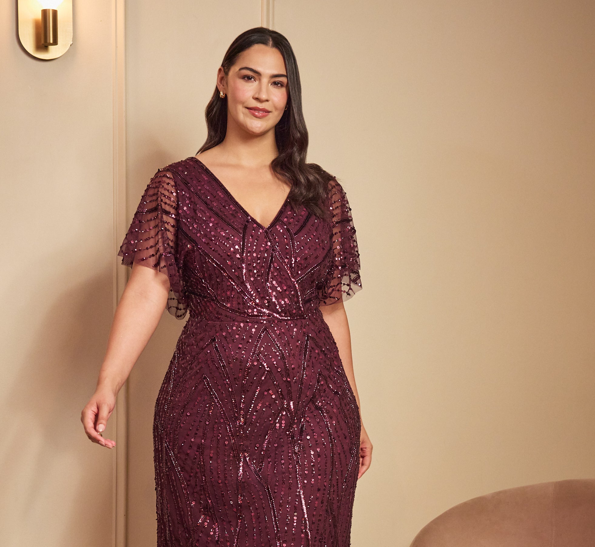 Plus Size Beaded Surplice Midi Dress With Dolman Sleeves In Deep Amethyst 1