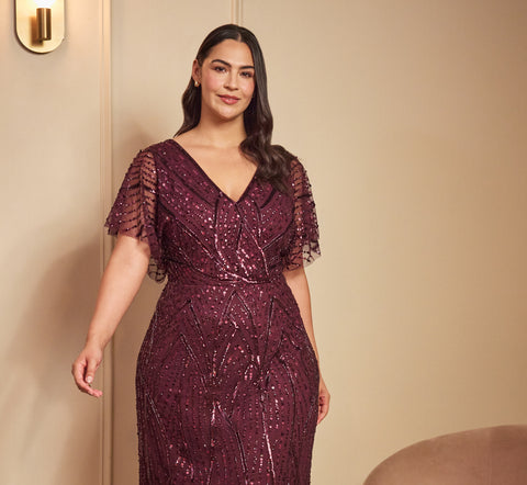 Plus Size Beaded Surplice Midi Dress With Dolman Sleeves In Deep Amethyst