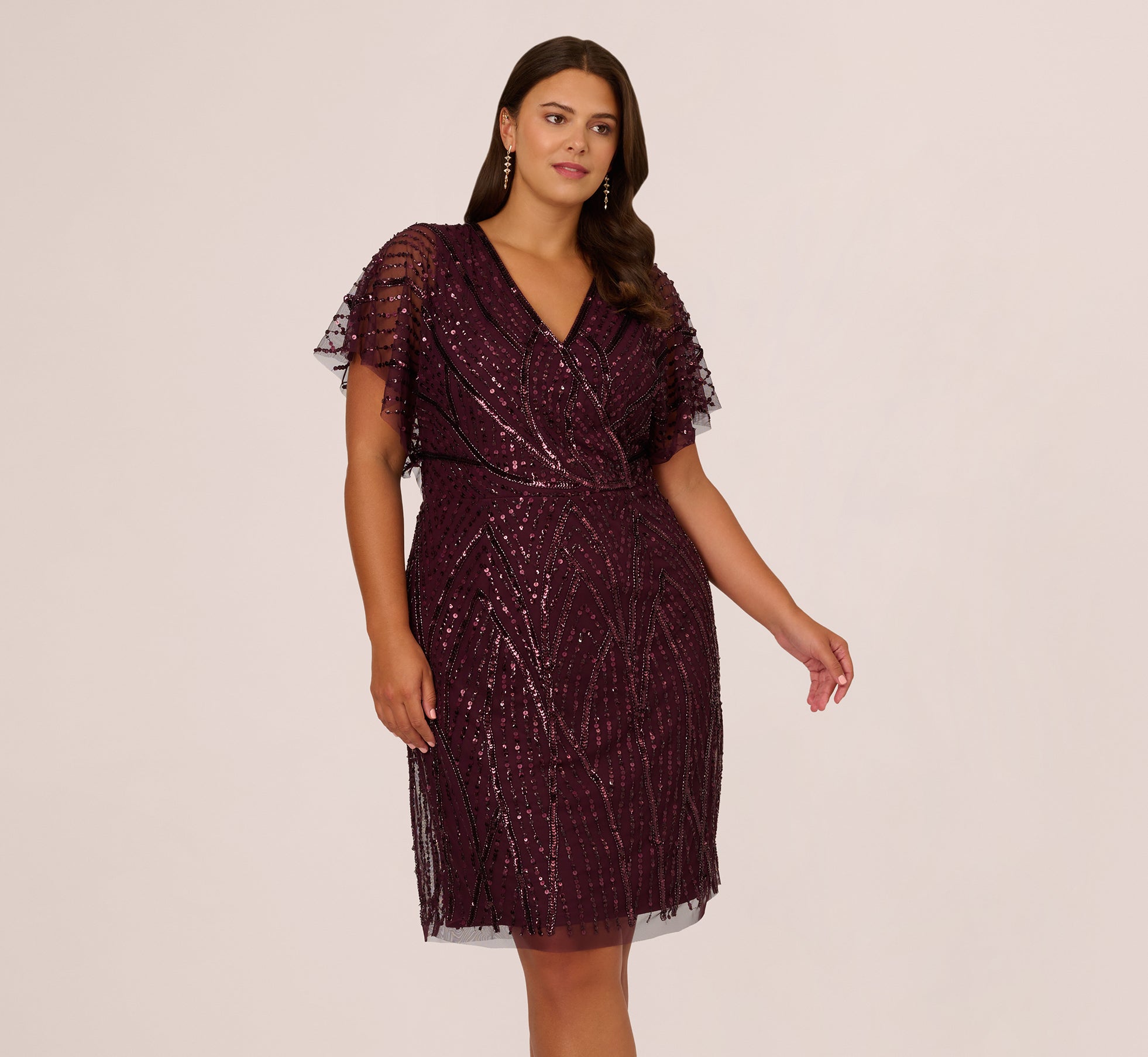 Plus Size Beaded Surplice Midi Dress With Dolman Sleeves In Deep Amethyst 1