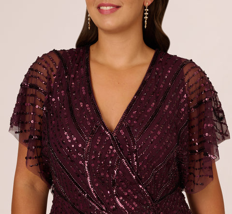 Plus Size Beaded Surplice Midi Dress With Dolman Sleeves In Deep Amethyst