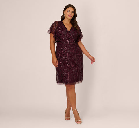 Plus Size Beaded Surplice Midi Dress With Dolman Sleeves In Deep Amethyst