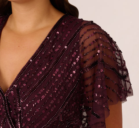 Plus Size Beaded Surplice Midi Dress With Dolman Sleeves In Deep Amethyst