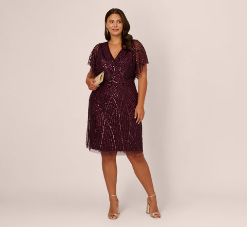 Plus Size Beaded Surplice Midi Dress With Dolman Sleeves In Deep Amethyst