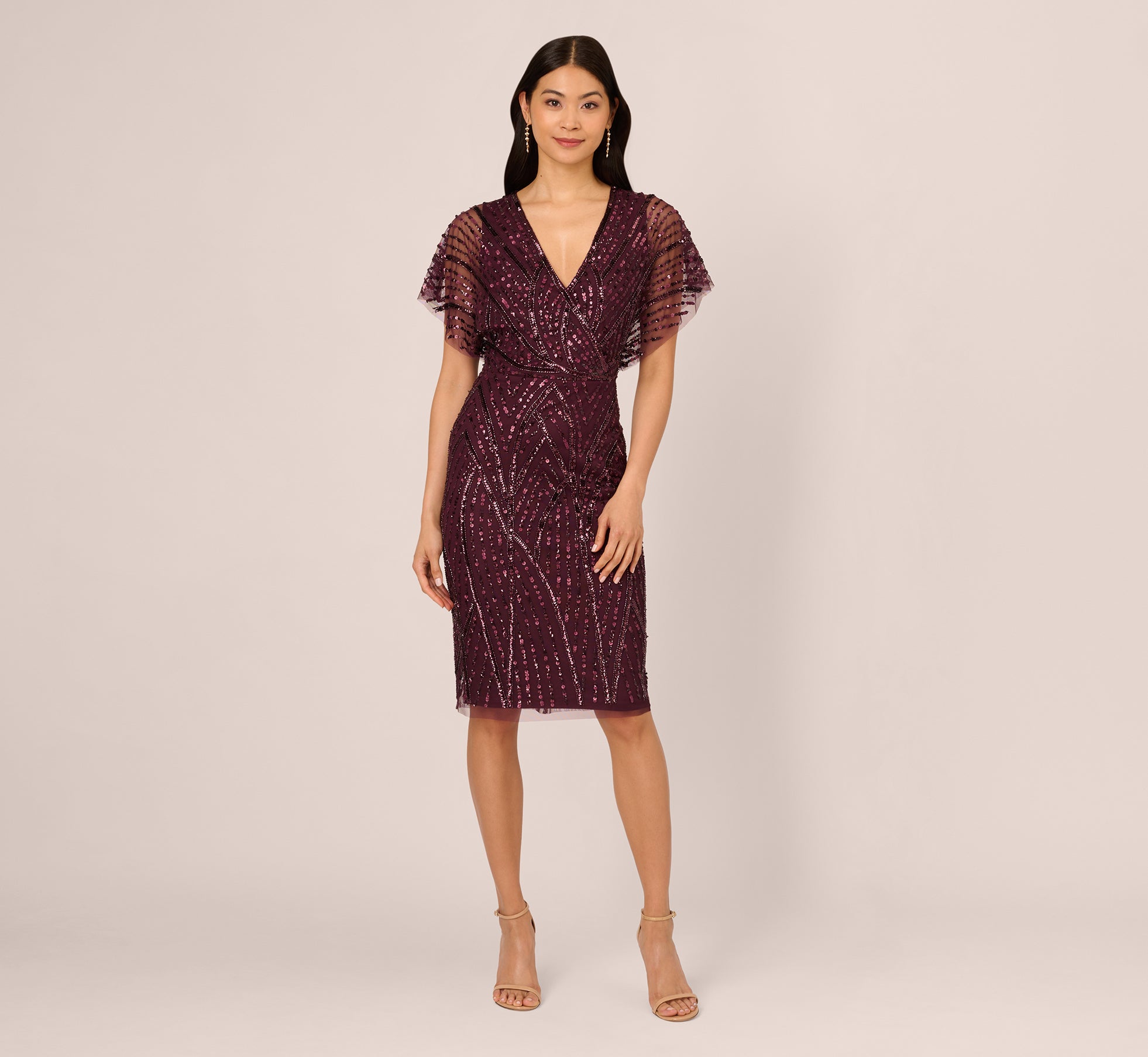 Beaded Surplice Midi Dress With Dolman Sleeves In Deep Amethyst 1