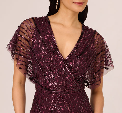 Beaded Surplice Midi Dress With Dolman Sleeves In Deep Amethyst