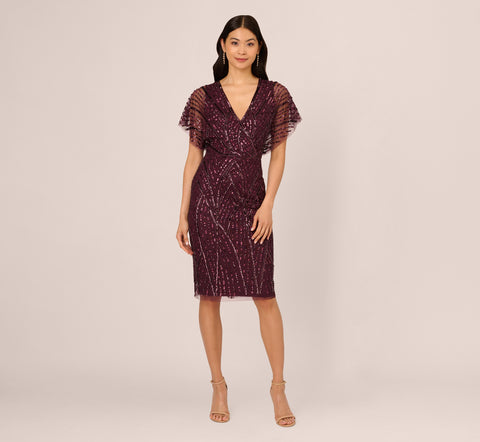 Beaded Surplice Midi Dress With Dolman Sleeves In Deep Amethyst