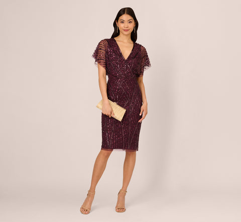 Beaded Surplice Midi Dress With Dolman Sleeves In Deep Amethyst