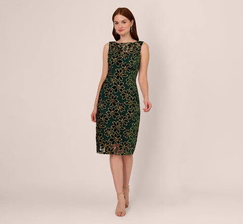 Metallic Floral Lace Midi Dress With Illusion Neckline In Hunter Gold