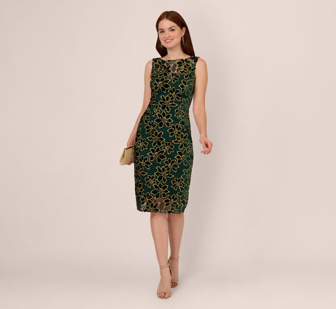 Metallic Floral Lace Midi Dress With Illusion Neckline In Hunter Gold