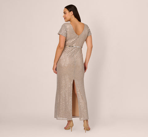 Plus Size Sequin Short Sleeve Column Gown With Embellished Waist In Silver Nude