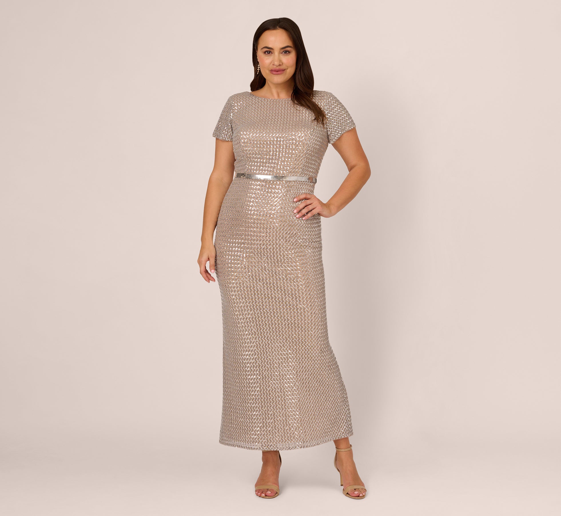 Plus Size Sequin Short Sleeve Column Gown With Embellished Waist In Silver Nude 1