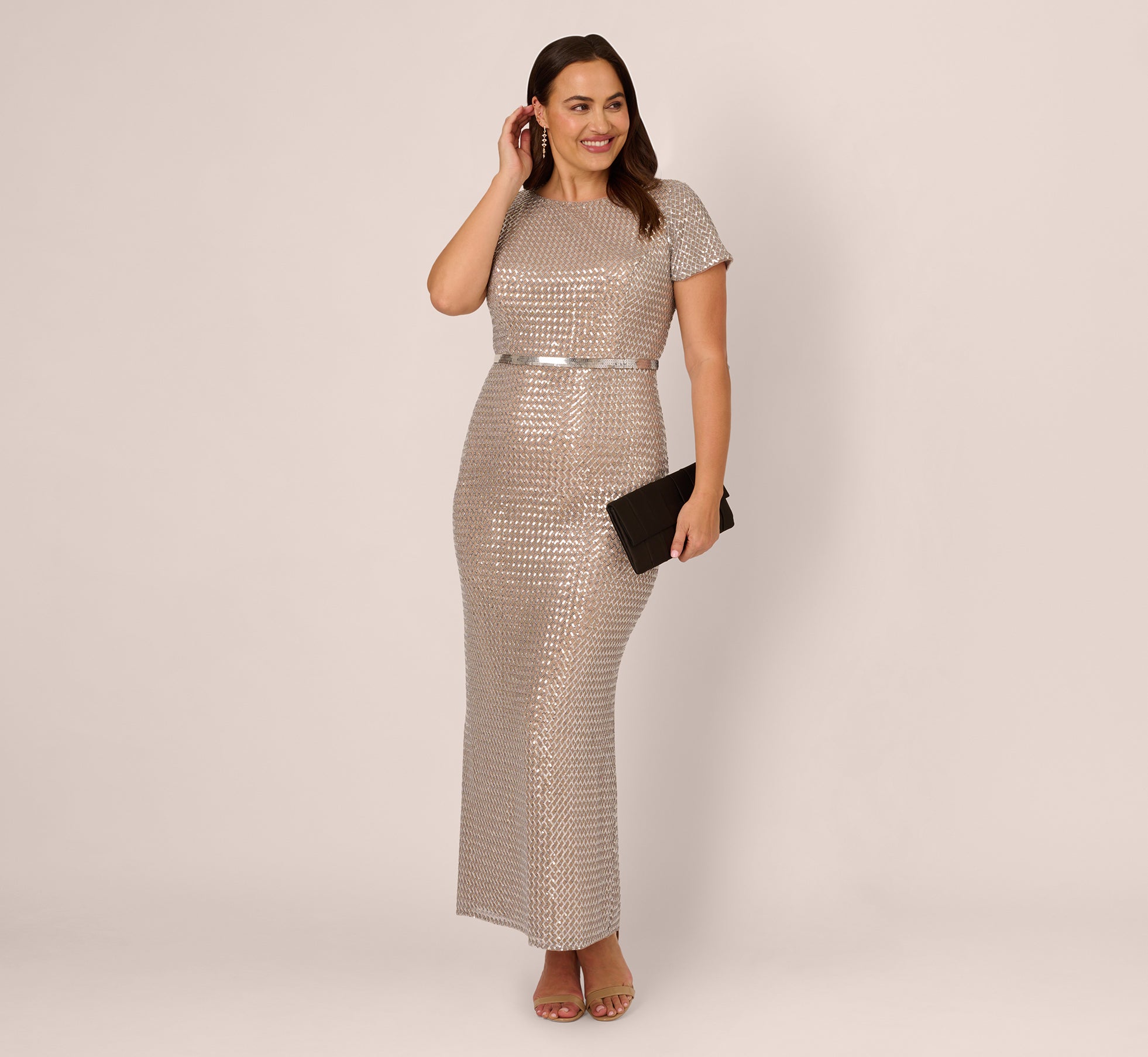 Plus Size Sequin Short Sleeve Column Gown With Embellished Waist In Silver  Nude