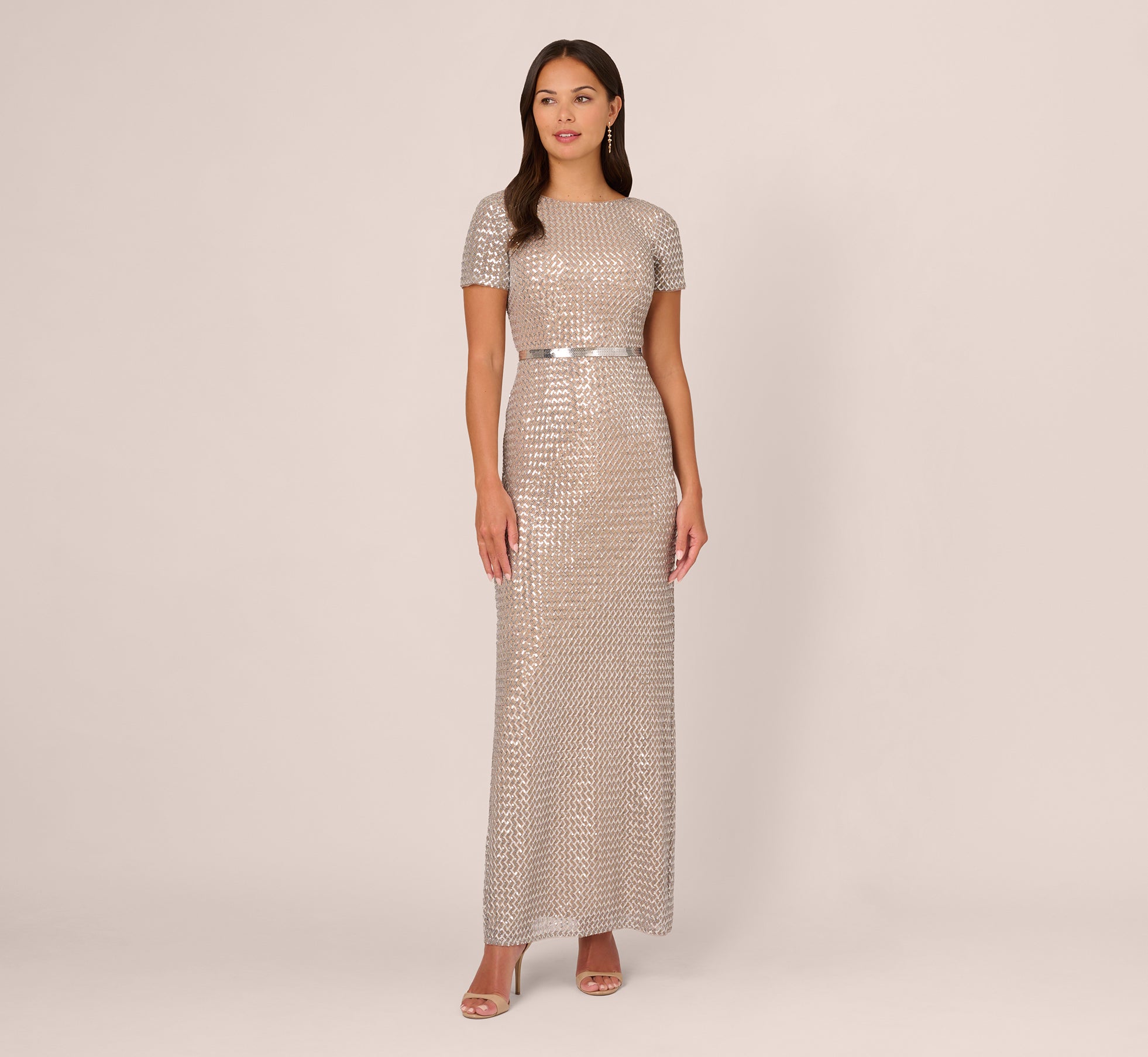 Sequin Short Sleeve Column Gown With Embellished Waist In Silver Nude 1