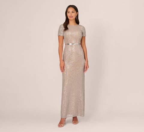 Sequin Short Sleeve Column Gown With Embellished Waist In Silver Nude – Adrianna  Papell