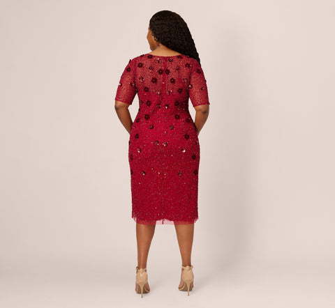 Plus Size Embellished Mesh Cocktail Dress In Cranberry