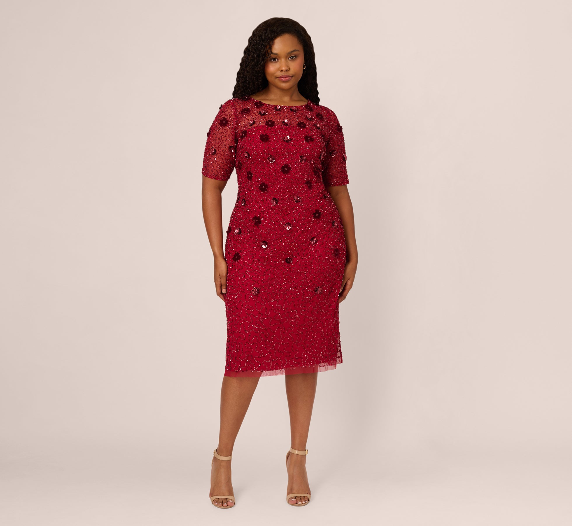 Plus Size Embellished Mesh Cocktail Dress In Cranberry 1