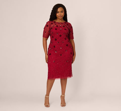 Plus Size Embellished Mesh Cocktail Dress In Cranberry