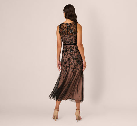 Illusion Neckline Beaded Dress In Black Rosegold