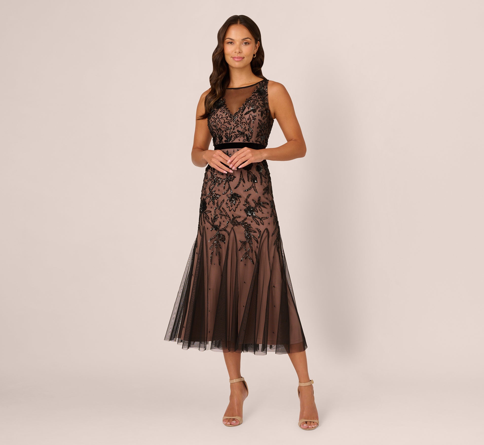 Illusion Neckline Beaded Dress In Black Rosegold 1