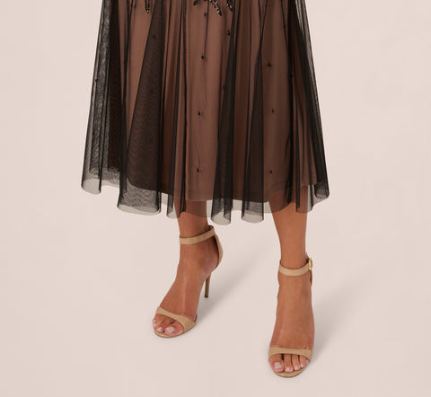 Illusion Neckline Beaded Dress In Black Rosegold