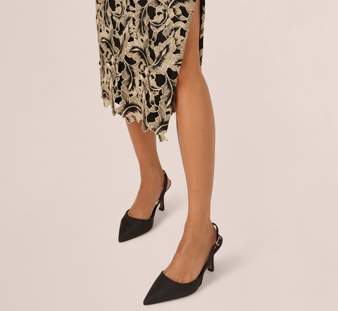 Metallic Leaf Lace Ankle Dress In Black Gold