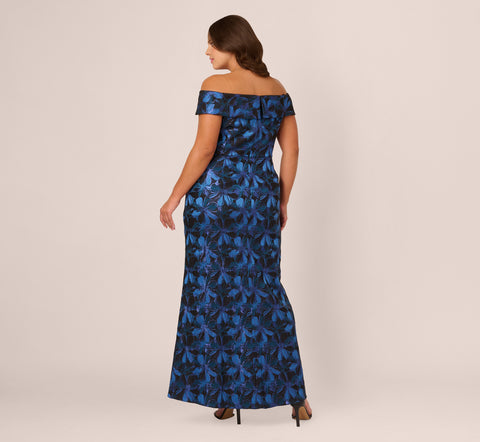 Plus Size Off Shoulder Jacquard Gown In Blue Multi