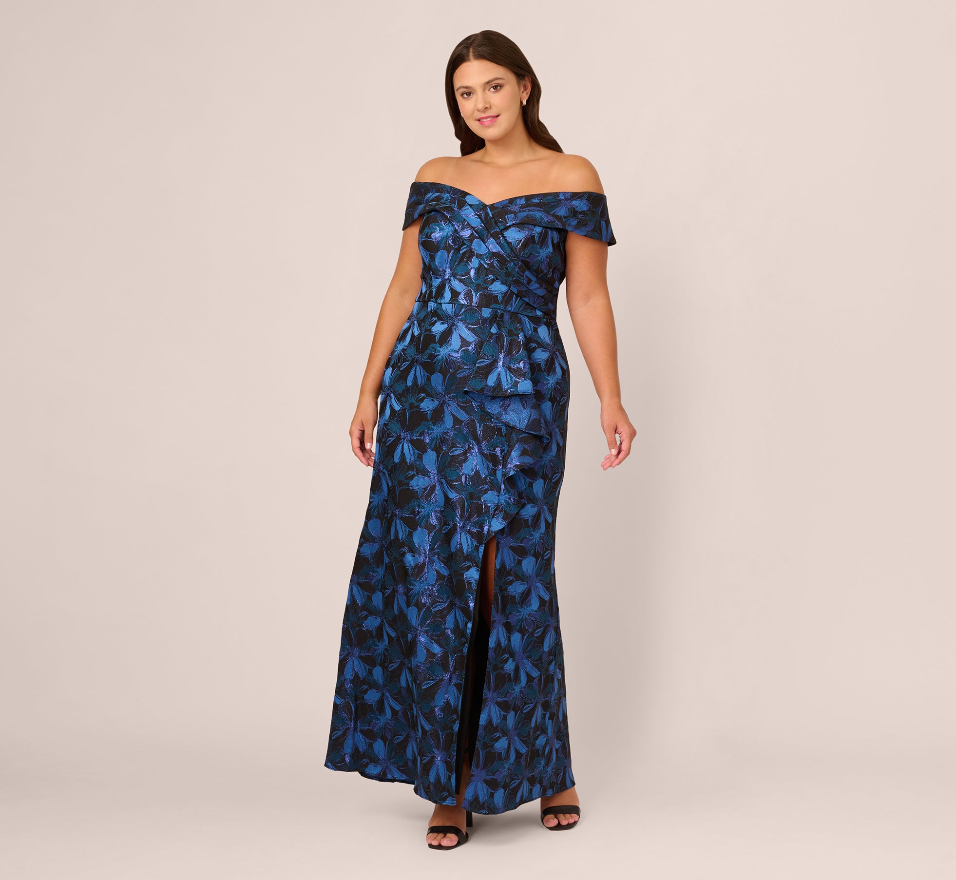 Plus Size Off Shoulder Jacquard Gown In Blue Multi 1