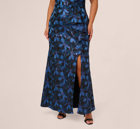 Plus Size Off Shoulder Jacquard Gown In Blue Multi