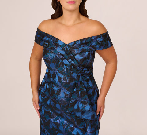 Plus Size Off Shoulder Jacquard Gown In Blue Multi