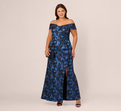 Plus Size Off Shoulder Jacquard Gown In Blue Multi