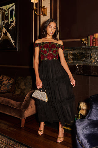 Velvet And Tulle Midi Dress In Black Red