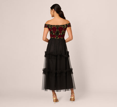 Velvet And Tulle Midi Dress In Black Red