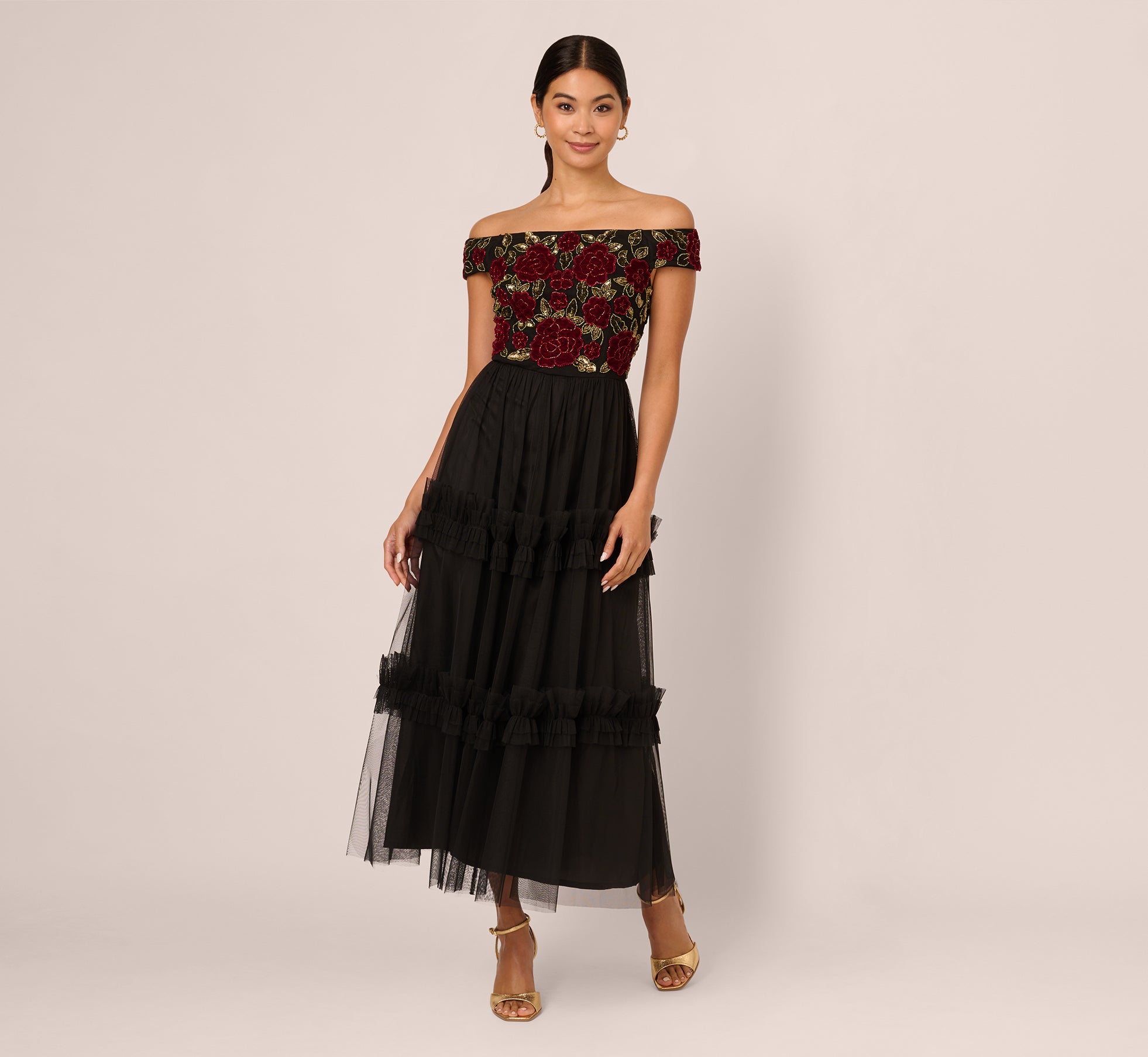 Velvet And Tulle Midi Dress In Black Red 1