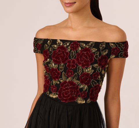 Velvet And Tulle Midi Dress In Black Red