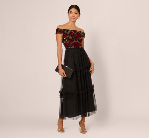 Velvet And Tulle Midi Dress In Black Red